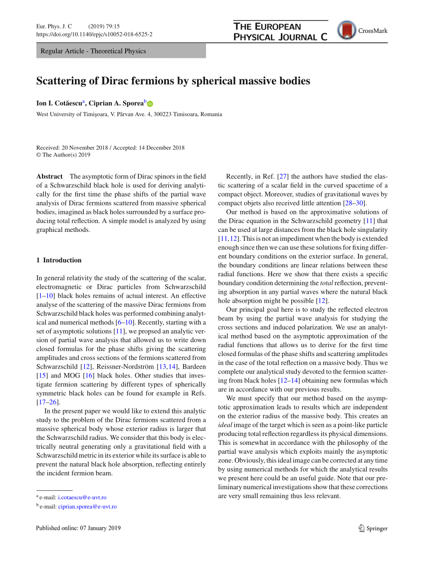 Pdf Scattering Of Dirac Fermions By Spherical Massive Bodies