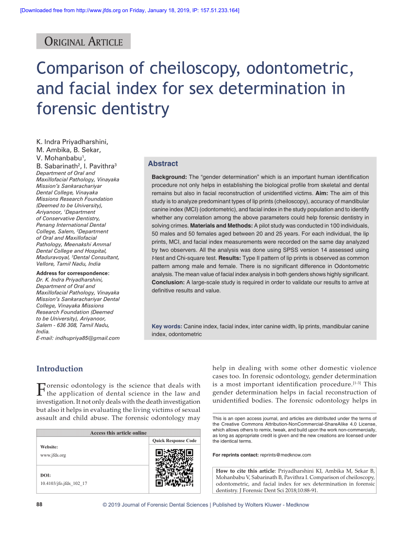 Pdf Comparison Of Cheiloscopy Odontometric And Facial Index For Sex Determination In 