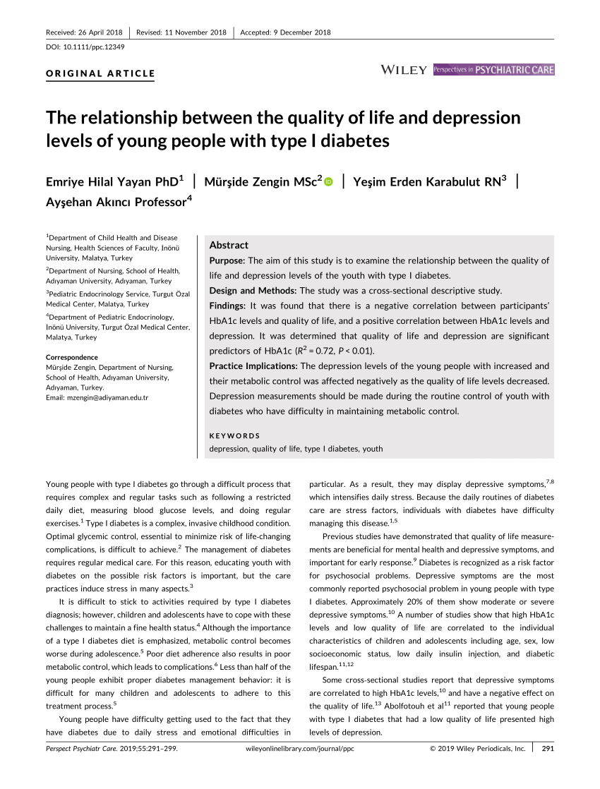 Pdf The Relationship Between The Quality Of Life And Depression Levels Of Young People With Type I Diabetes Yayan Et Al