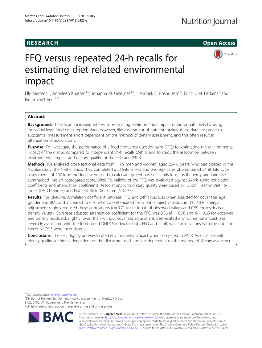PDF) FFQ versus repeated 24-h recalls for estimating diet-related  environmental impact