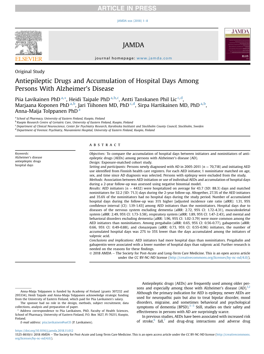 PDF) Antiepileptic Drugs and Accumulation of Hospital Days Among Persons  With Alzheimer's Disease