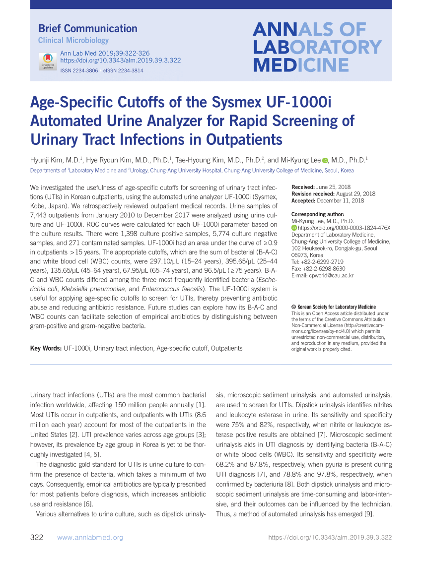 Pdf Age Specific Cutoffs Of The Sysmex Uf 1000i Automated Urine Analyzer For Rapid Screening 6987