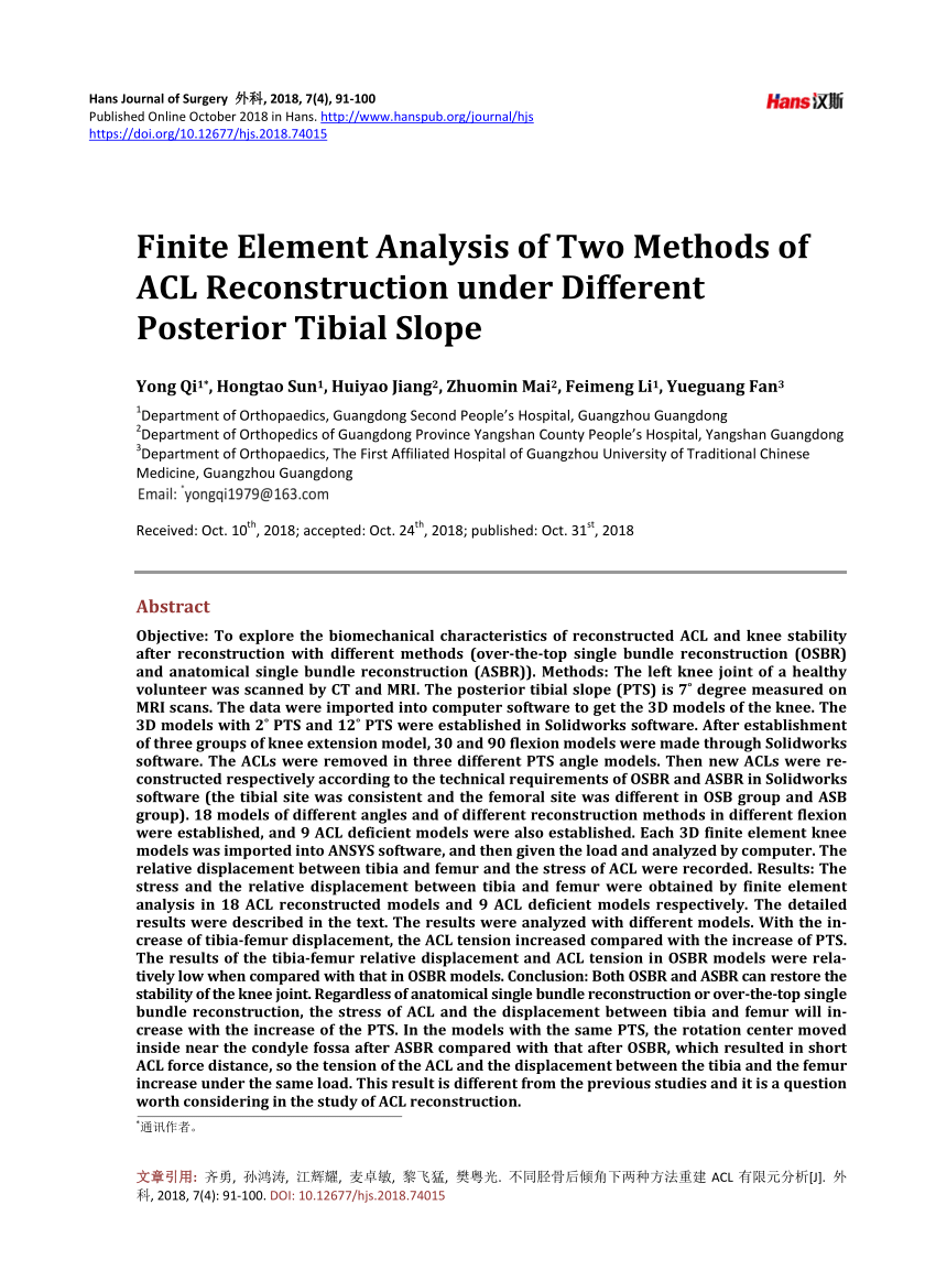 Pdf Finite Element Analysis Of Two Methods Of Acl Reconstruction Under Different Posterior Tibial Slope