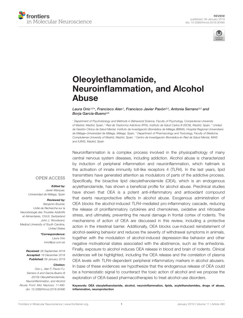 Pdf Oleoylethanolamide Neuroinflammation And Alcohol Abuse