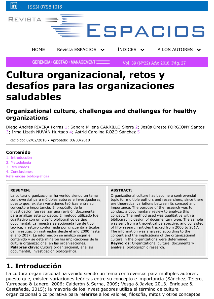 Pdf Cultura Organizacional Retos Y Desafios Para Las