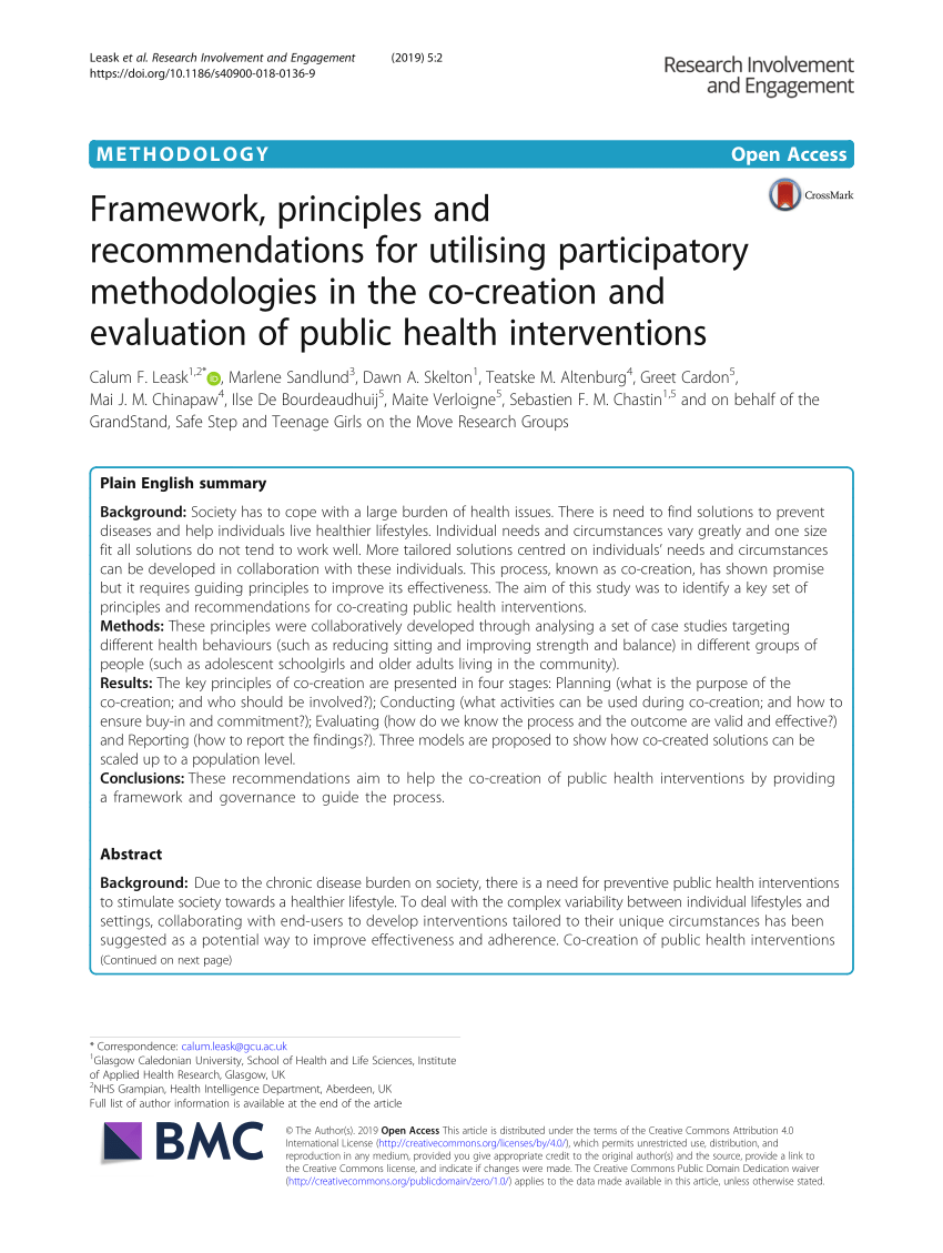 Pdf Framework Principles And Recommendations For Utilising Participatory Methodologies In The Co Creation And Evaluation Of Public Health Interventions