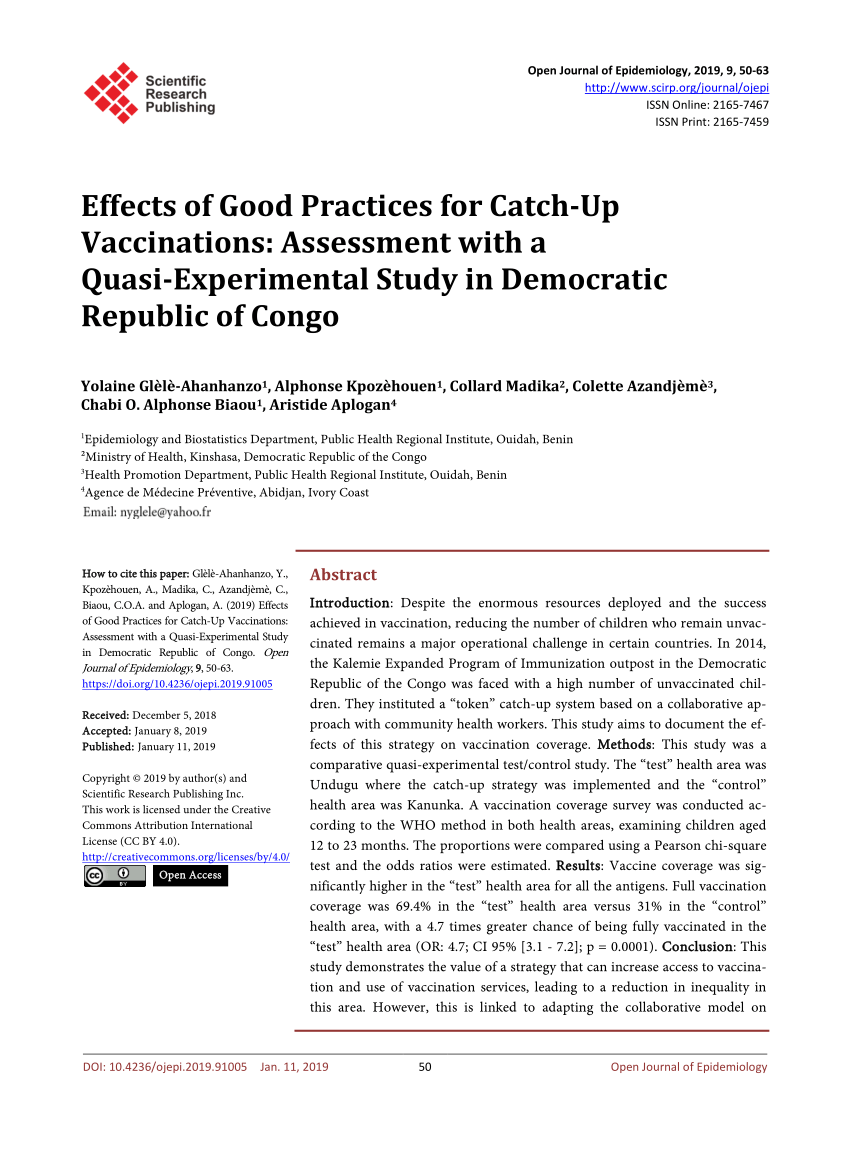 Pdf Effects Of Good Practices For Catch-up Vaccinations Assessment With A Quasi-experimental Study In Democratic Republic Of Congo