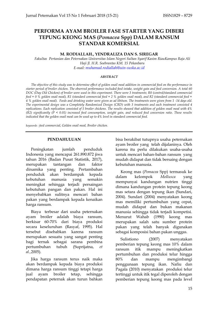 Pdf Performans Ayam Broiler Loughmann Mb 202 Yang Diberi Tepung Keong Mas Pomacea Sp Dalam Ransum Standar Komersil Pada Fase Starter Umur 1 14 Hari