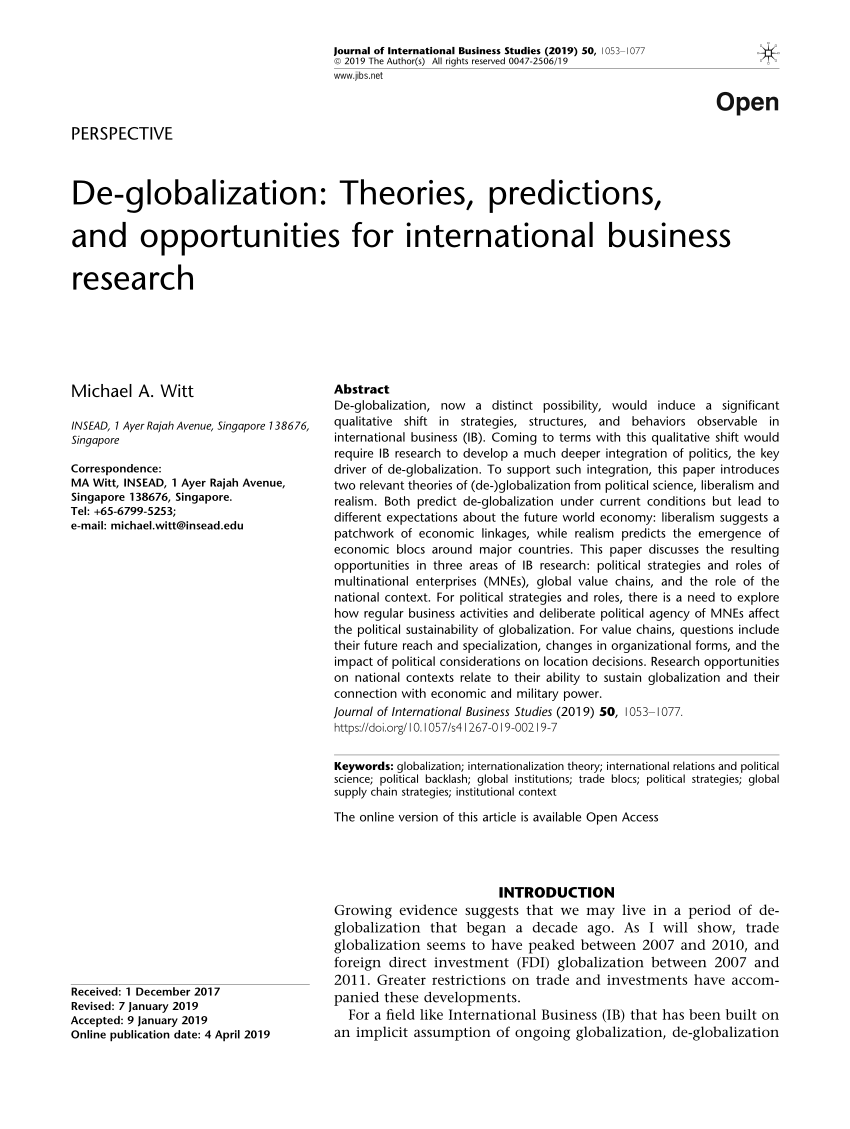 Pdf De Globalization Theories Predictions And Opportunities For International Business Research
