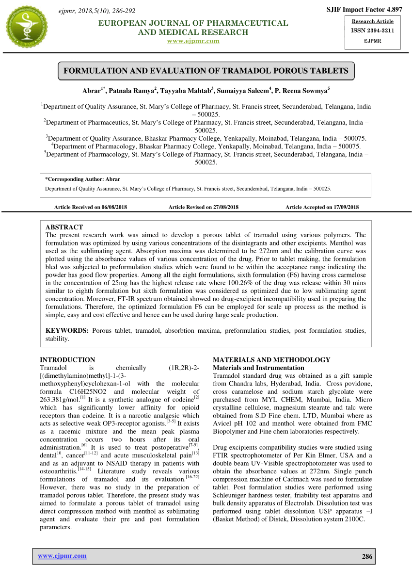 Pdf Formulation And Evaluation Of Tramadol Porous Tablets