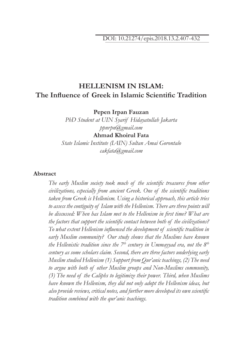 PDF) HELLENISM IN ISLAM: The Influence of Greek in Islamic ...