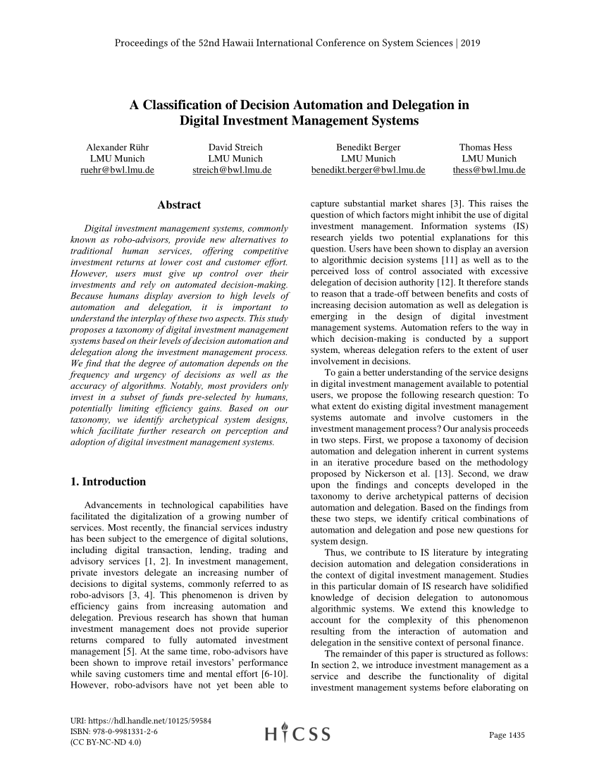 Pdf A Classification Of Decision Automation And Delegation In Digital Investment Management Systems