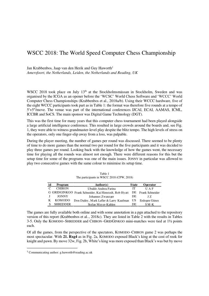 Pdf Wscc 2018 The World Speed Computer Chess Championship