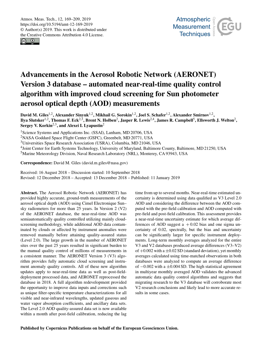 PDF) Advancements in the Aerosol Robotic Network (AERONET) Version ...