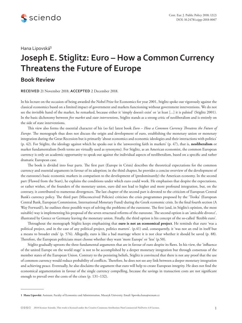 Pdf Joseph E Stiglitz Euro How A Common Currency Threatens The Future Of Europe