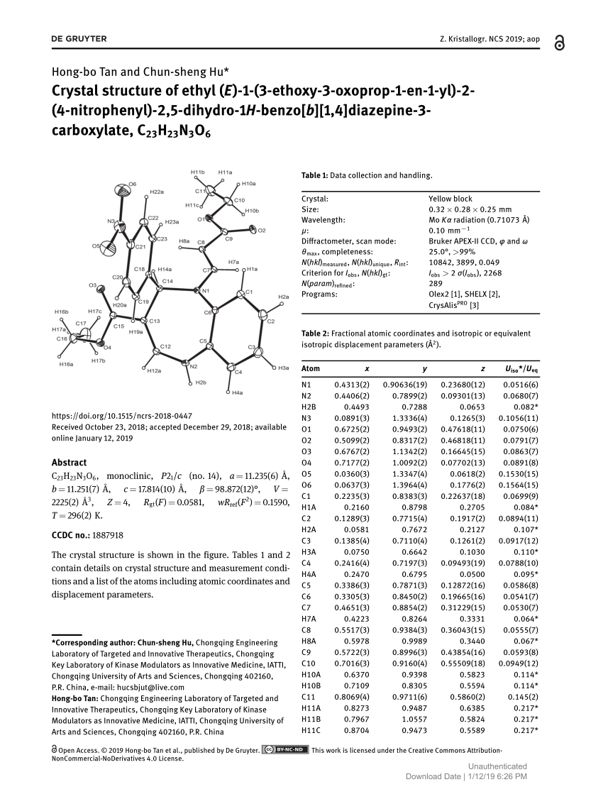 Pdf Crystal Structure Of Ethyl E 1 3 Ethoxy 3 Oxoprop 1 En 1 Yl 2 4 Nitrophenyl 2 5 Dihydro 1h Benzo B 1 4 Diazepine 3 Carboxylate C23h23n3o6