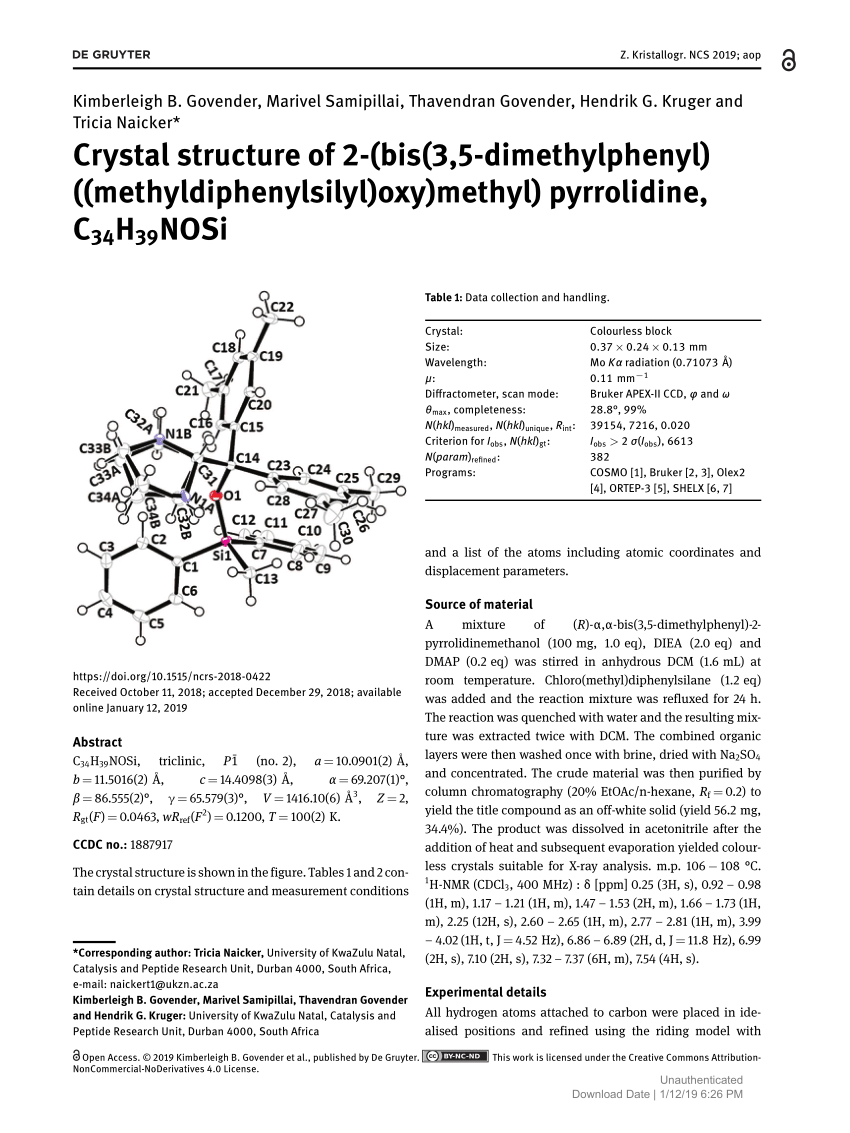 Pdf Crystal Structure Of 2 Bis 3 5 Dimethylphenyl Methyldiphenylsilyl Oxy Methyl Pyrrolidine C34h39nosi