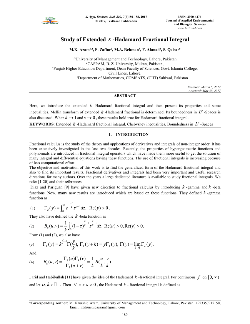 Pdf Study Of Extended K Hadamard Fractional Integral