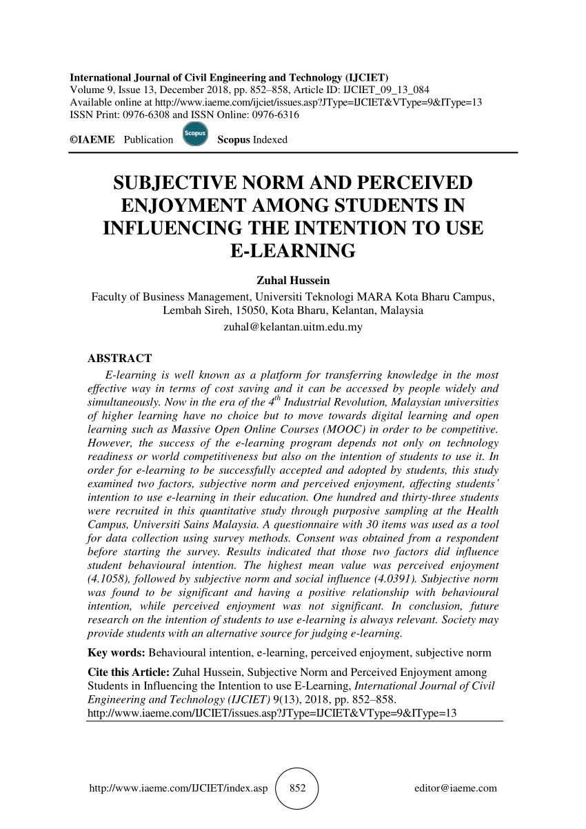 Pdf Subjective Norm And Perceived Enjoyment Among Students In Influencing The Intention To Use E Learning