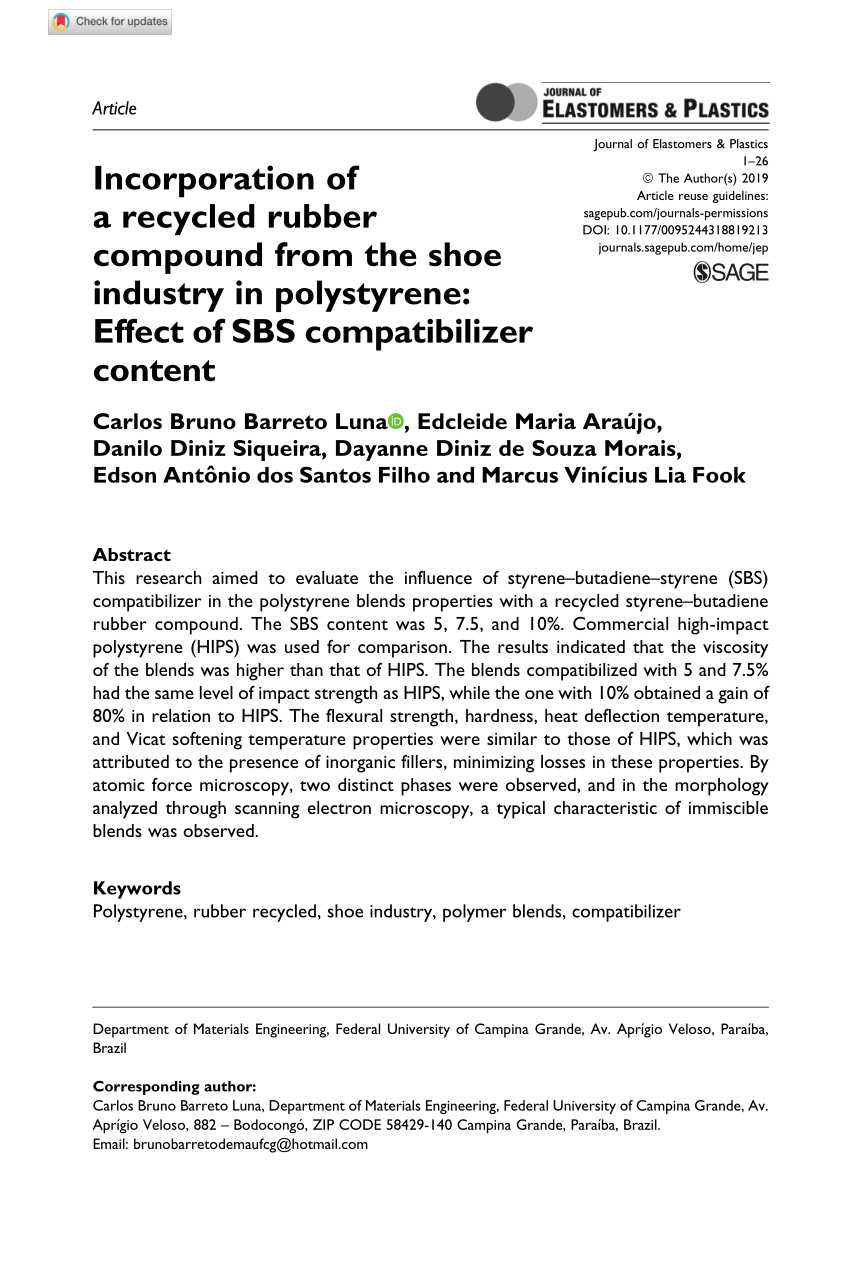 Pdf Incorporation Of A Recycled Rubber Compound From The Shoe Industry In Polystyrene Effect Of Sbs Compatibilizer Content