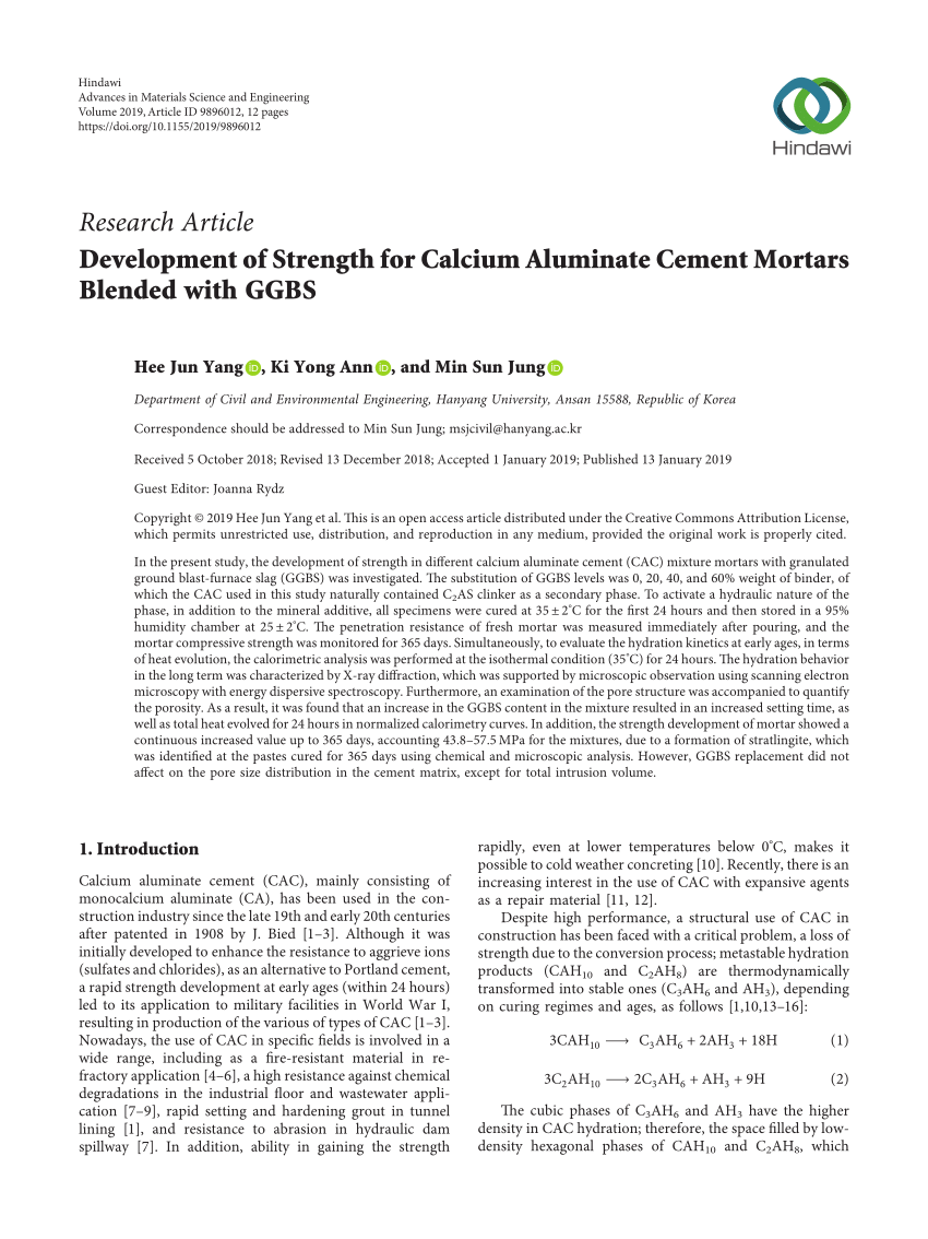 (PDF) Development of Strength for Calcium Aluminate Cement Mortars