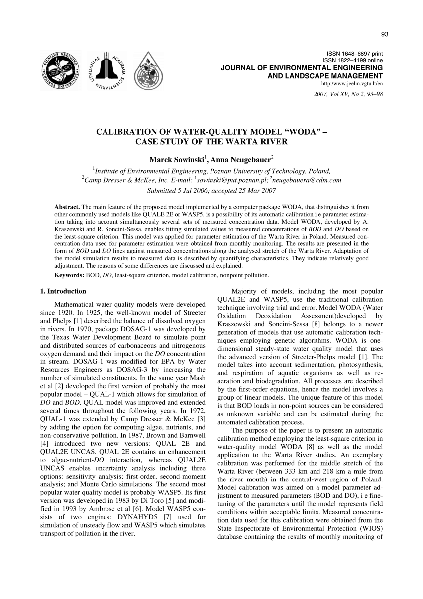 Pdf Calibration Of Water Quality Model Woda Case Study Of The