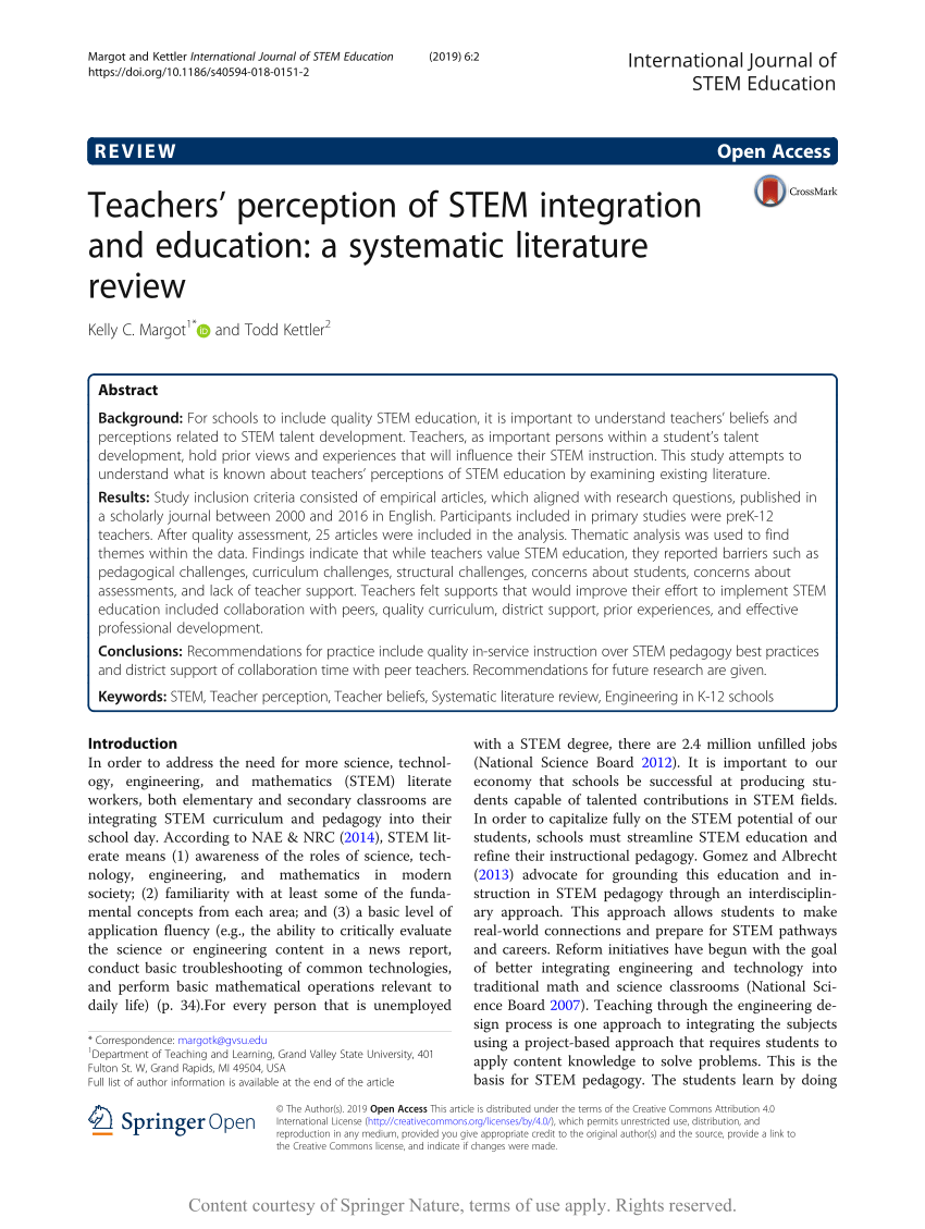 Pdf Teachers Perception Of Stem Integration And Education A Systematic Literature Review