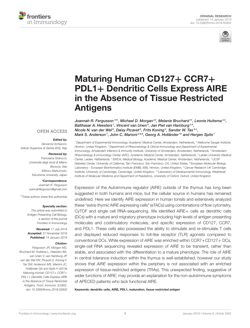 Pdf Maturing Human Cd127 Ccr7 Pdl1 Dendritic Cells Express Aire In The Absence Of Tissue Restricted Antigens