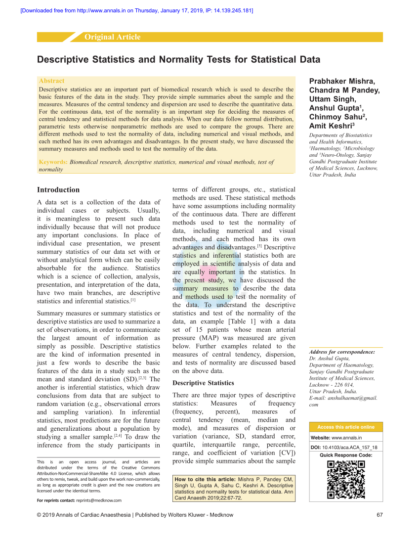 Pdf Descriptive Statistics And Normality Tests For Statistical Data