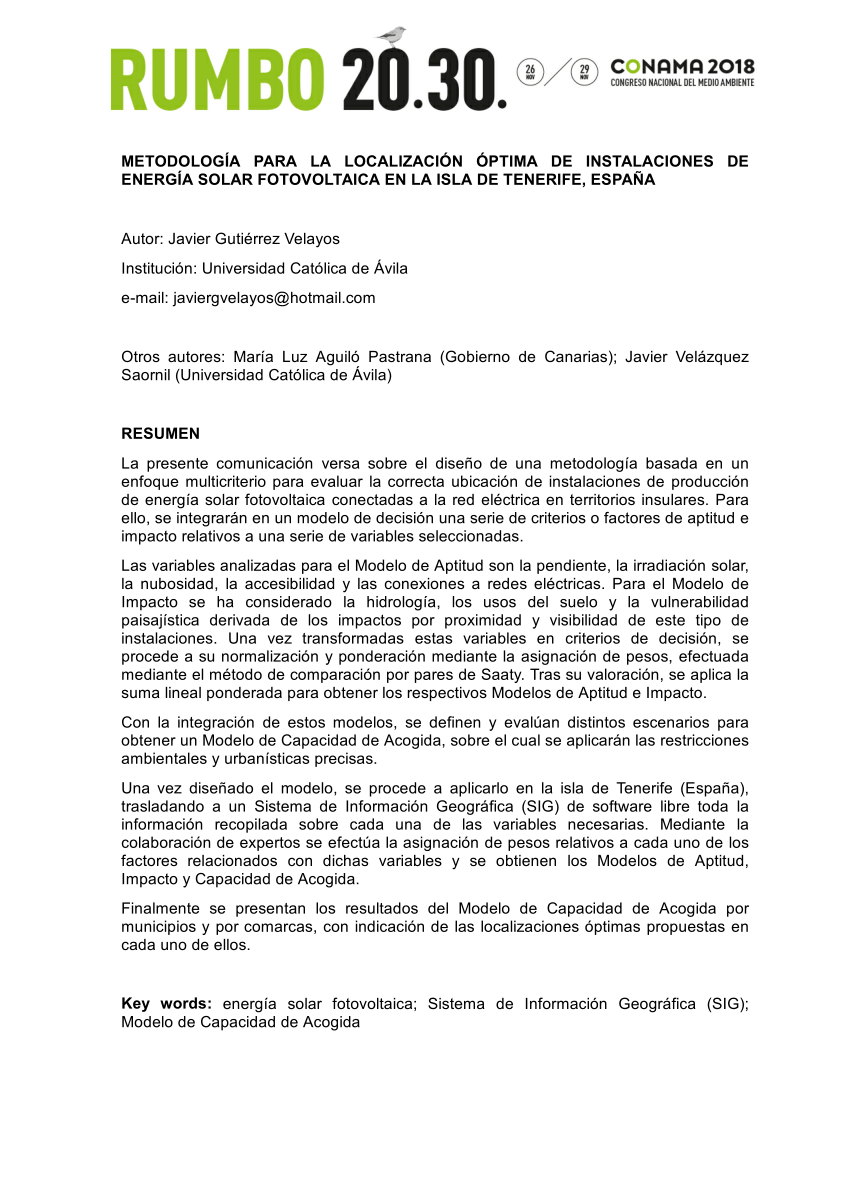 PDF) METODOLOGÍA PARA LA LOCALIZACIÓN ÓPTIMA DE INSTALACIONES DE ENERGÍA  SOLAR FOTOVOLTAICA EN LA ISLA DE TENERIFE, ESPAÑA
