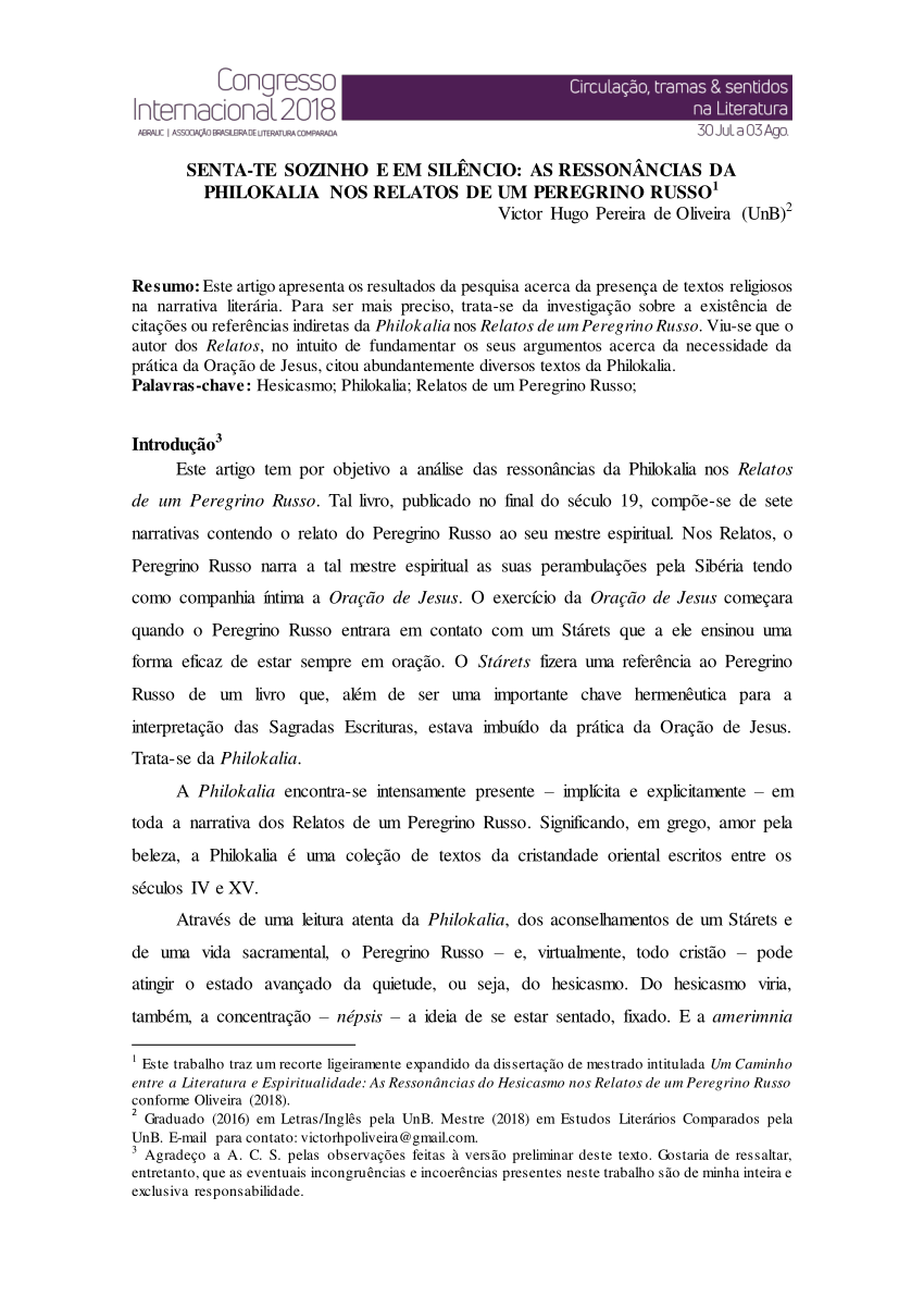 PDF) SENTA-TE SOZINHO E EM SILÊNCIO: AS RESSONÂNCIAS DA PHILOKALIA NOS  RELATOS DE UM PEREGRINO RUSSO