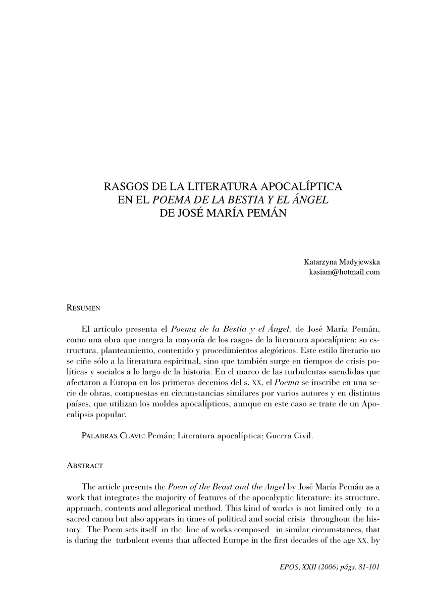 Pdf Rasgos De La Literatura Apocaliptica En El Poema De La Bestia Y El Angel De Jose Maria Peman