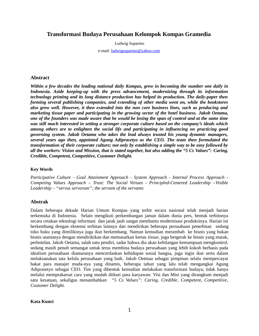 Pdf Transformasi Budaya Perusahaan Kelompok Kompas Gramedia