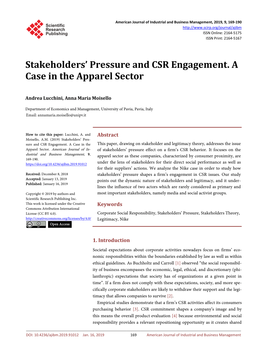 PDF) Stakeholders' Pressure and CSR Case in the Sector
