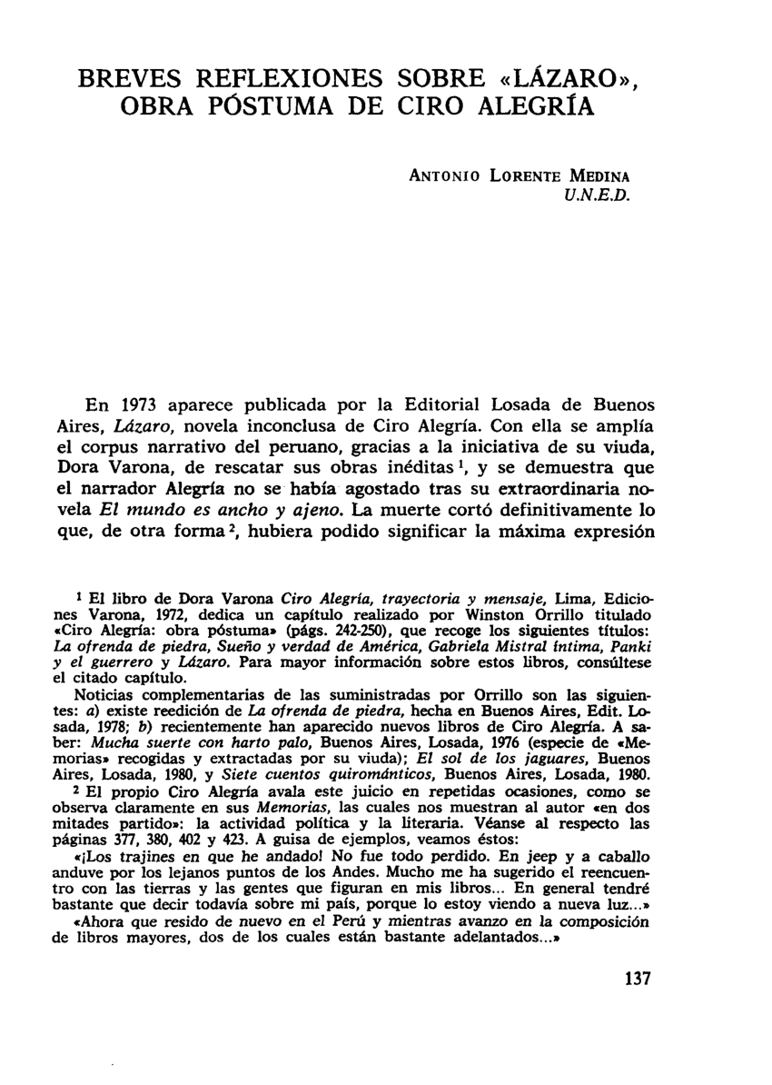 PDF Breves reflexiones sobre L zaro obra p stuma de Ciro Alegr a