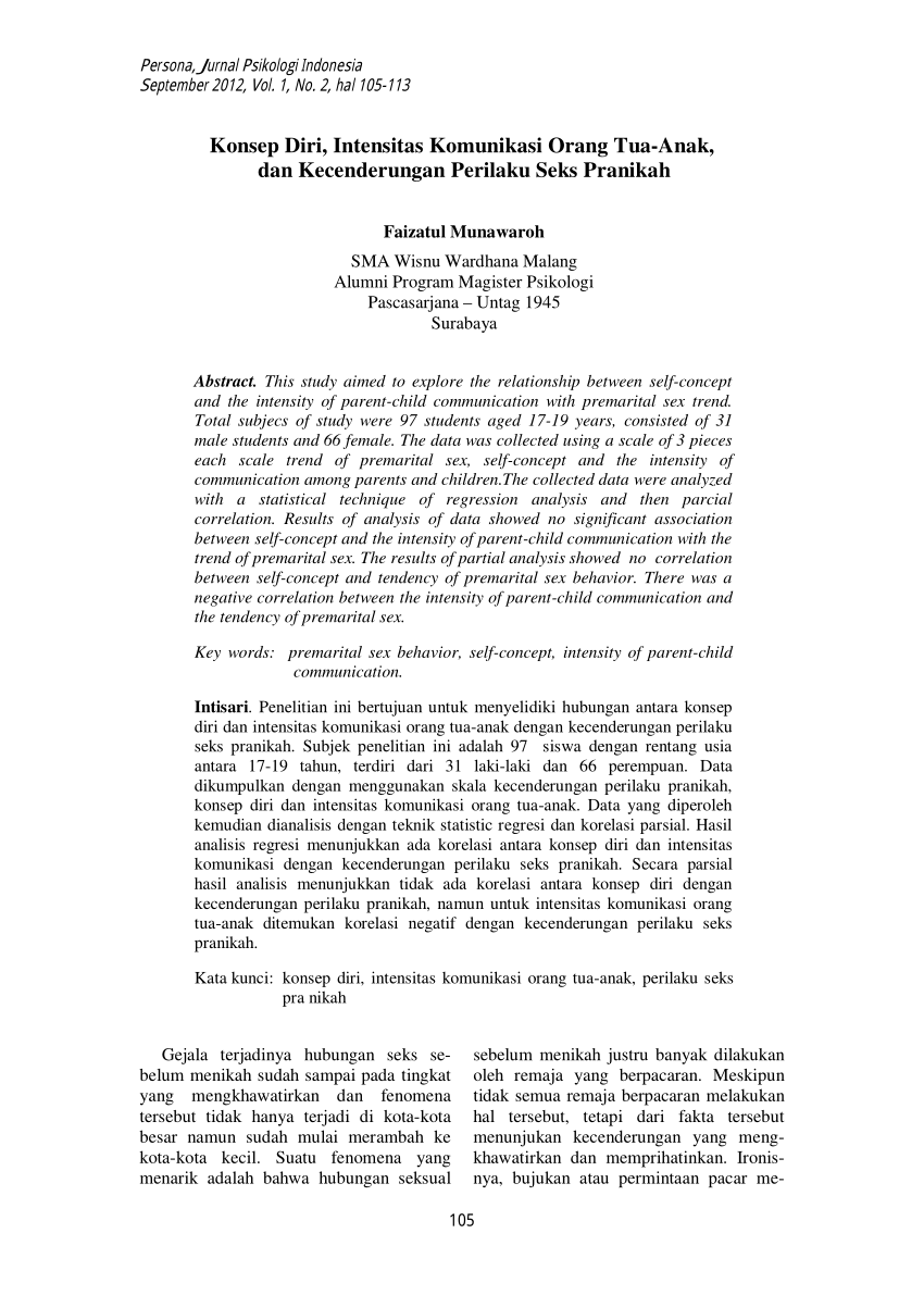 PDF) Konsep Diri, Intensitas Komunikasi Orang Tua-Anak, dan Kecenderungan  Perilaku Seks Pranikah