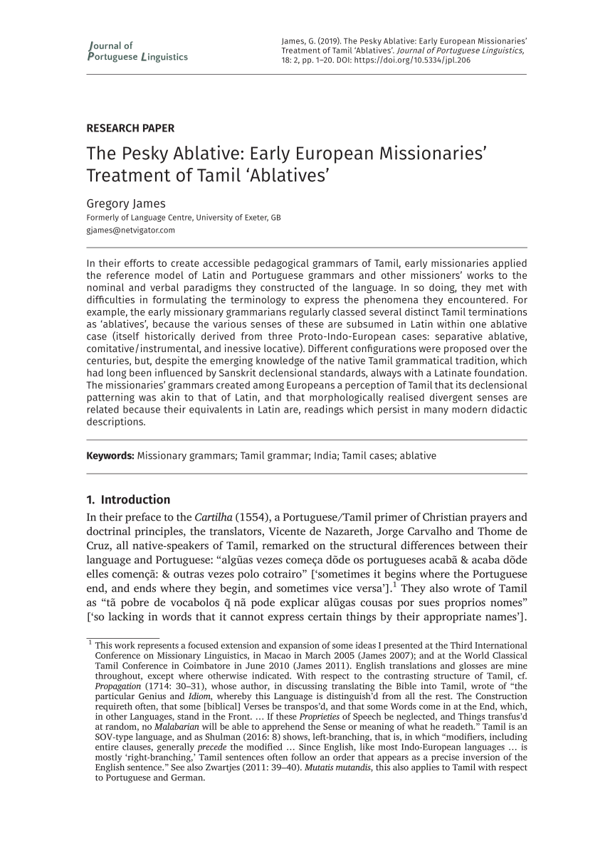 PDF) The Pesky Ablative: Early European Missionaries' Treatment of Tamil  'Ablatives'