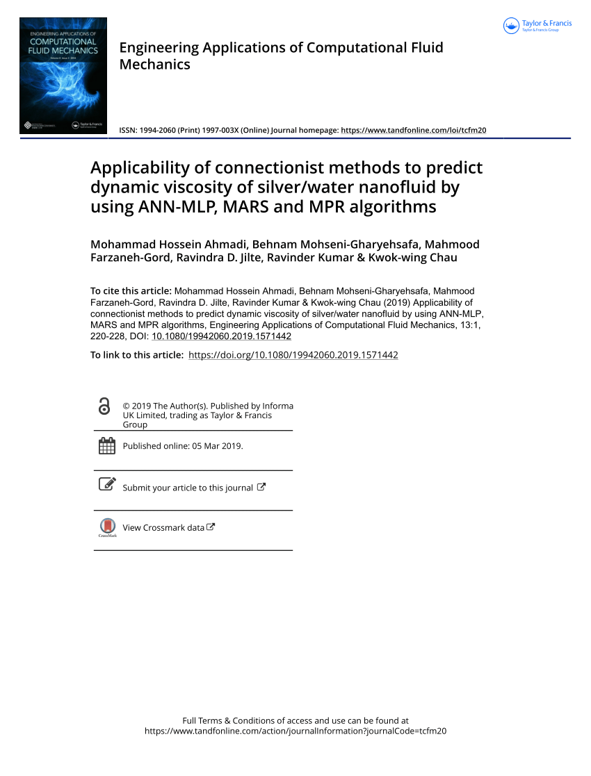 Pdf Applicability Of Connectionist Methods To Predict Dynamic Viscosity Of Ag Water Nanofluid By Using Ann Mlp Mars And Mpr Algorithms
