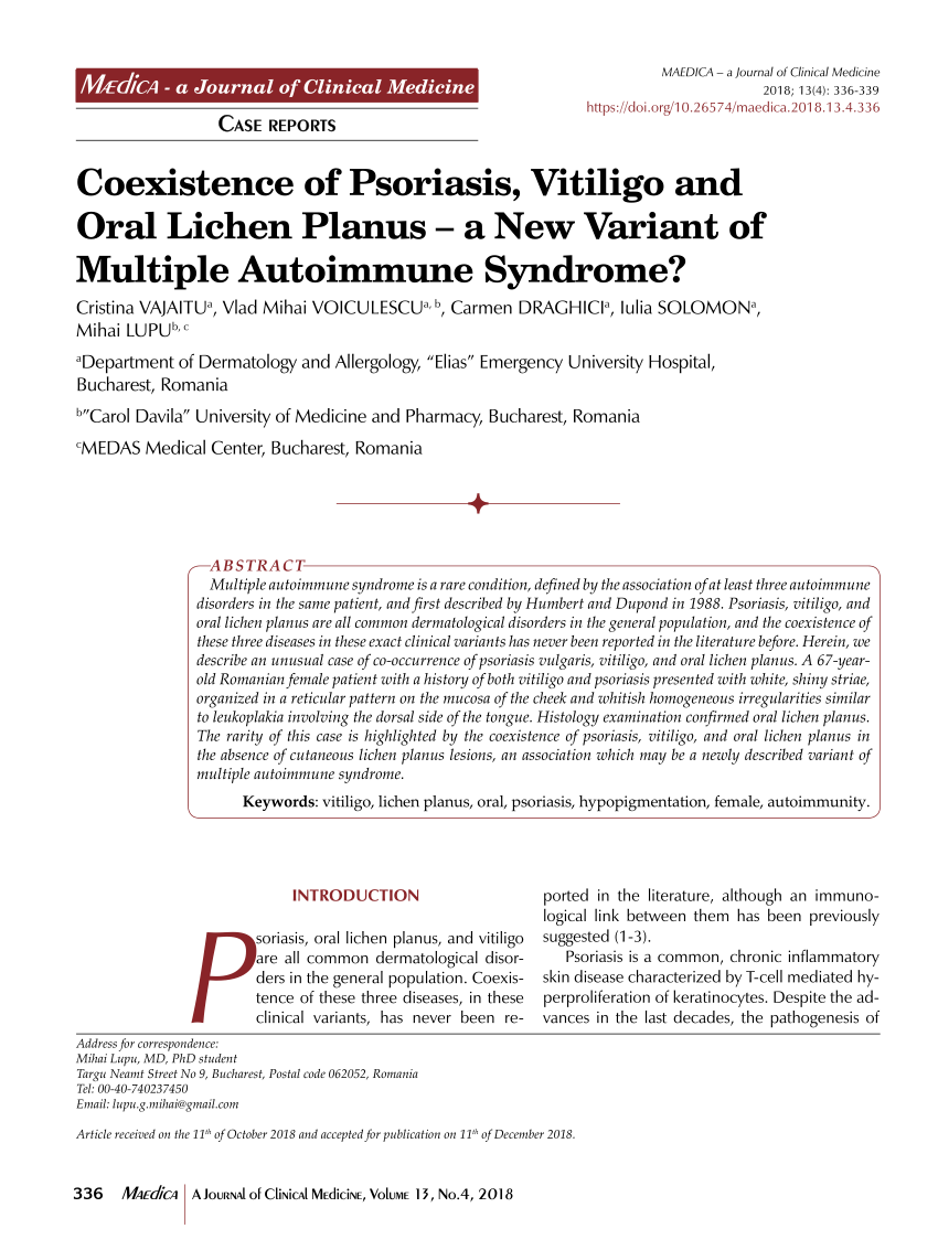 Pdf Coexistence Of Psoriasis Vitiligo And Oral Lichen Planus A