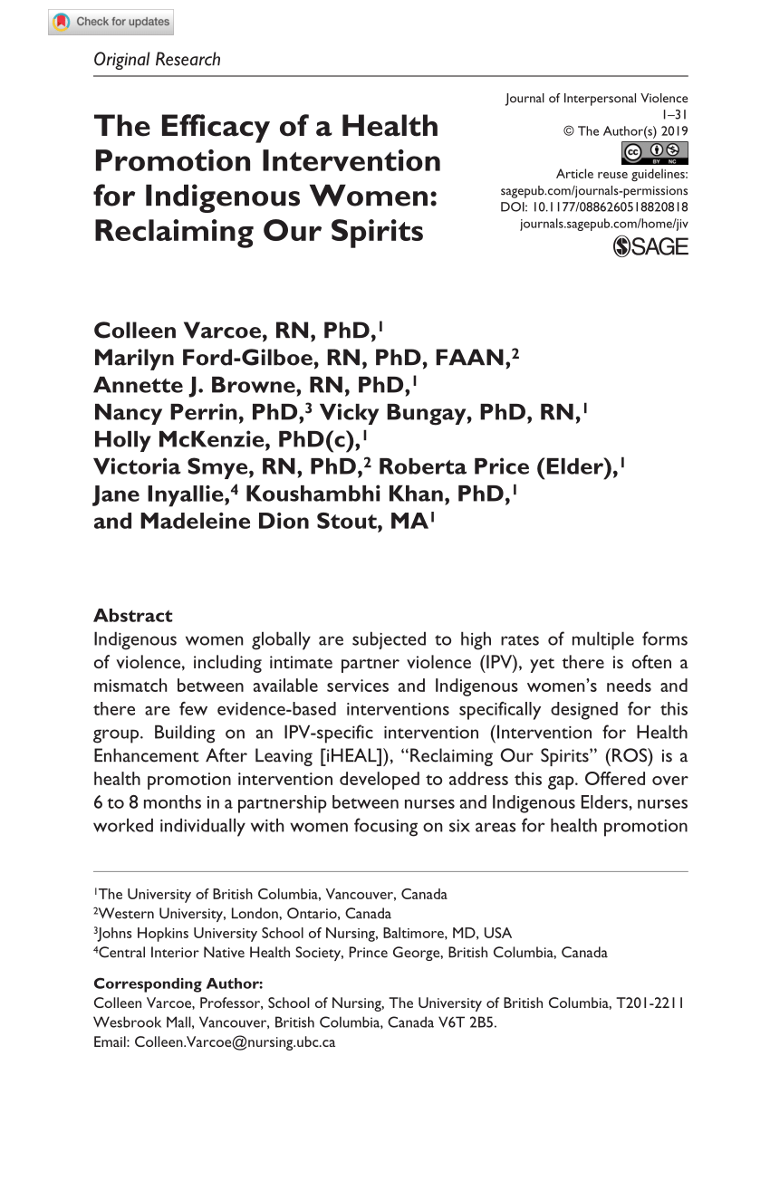 Pdf The Efficacy Of A Health Promotion Intervention For Indigenous Women Reclaiming Our Spirits