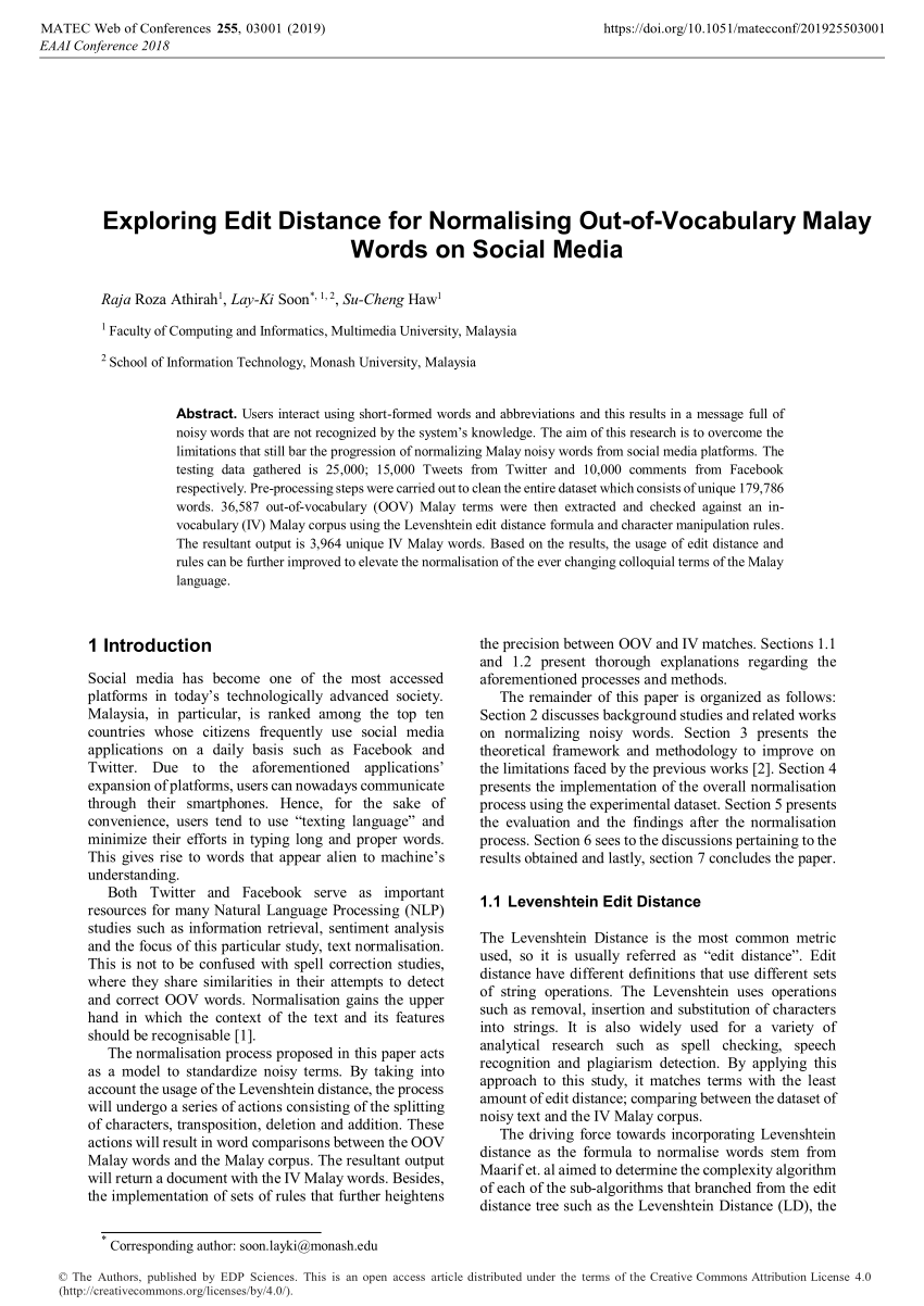 Pdf Exploring Edit Distance For Normalising Out Of Vocabulary Malay Words On Social Media