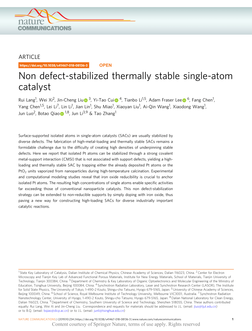PDF) Non defect-stabilized thermally stable single-atom catalyst