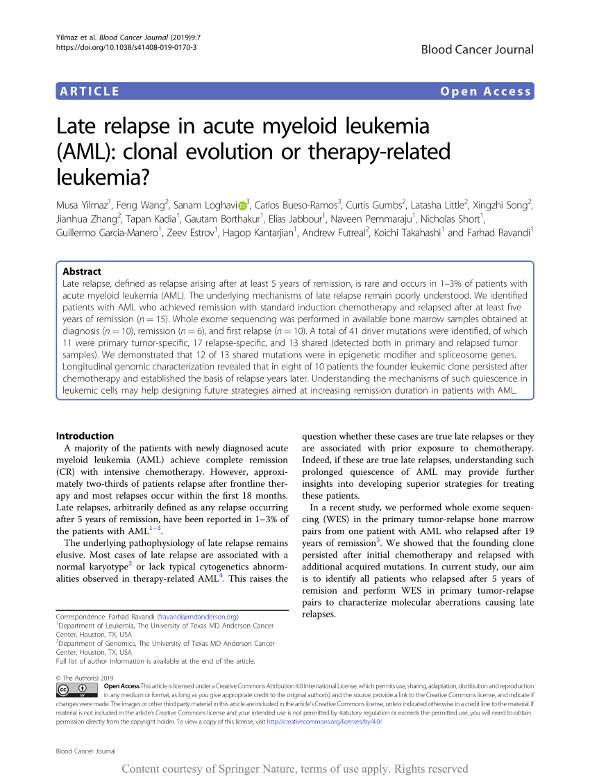 PDF) Late relapse in acute myeloid leukemia (AML): clonal evolution or  therapy-related leukemia?