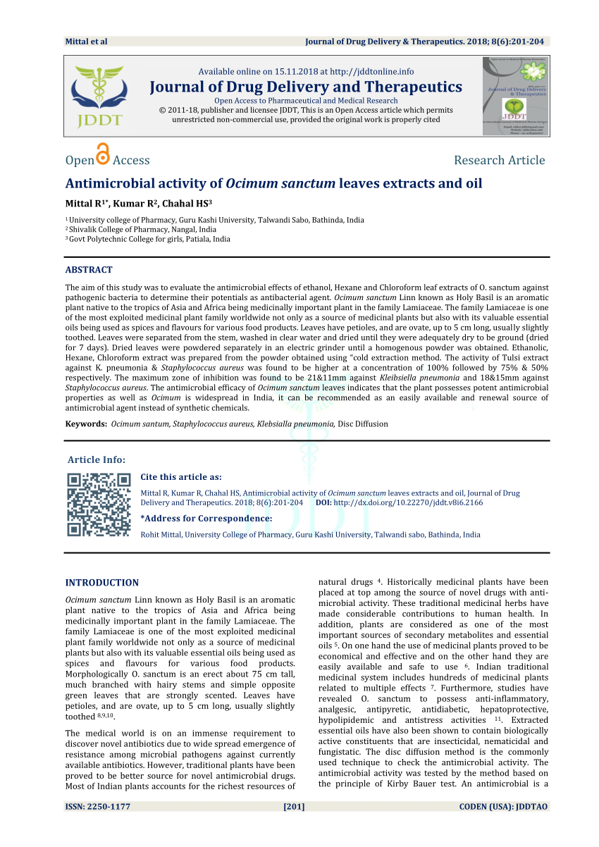 PDF Antimicrobial activity of Ocimum sanctum leaves extracts and oil