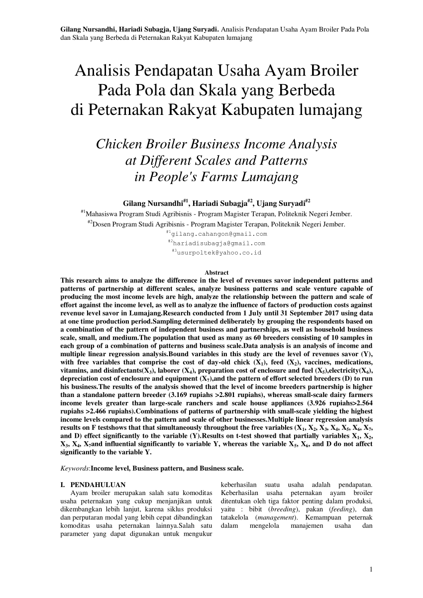 Pdf Analisis Pendapatan Usaha Ayam Broiler Pada Pola Dan Skala