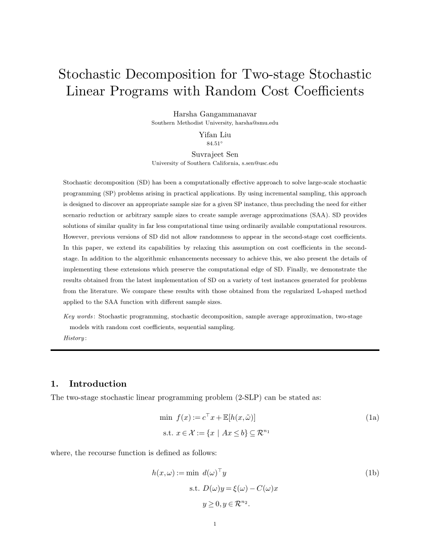 Pdf Stochastic Decomposition For Two Stage Stochastic Linear Programs With Random Cost Coefficients