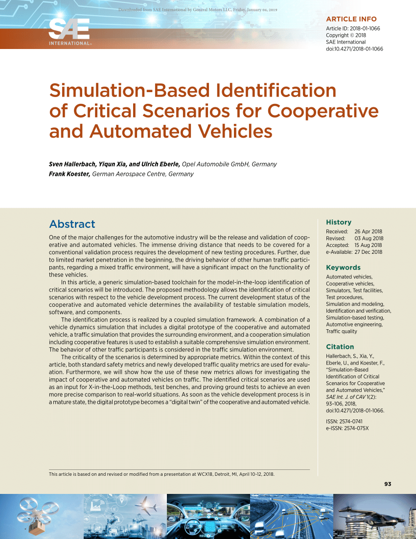 Pdf Sae Int Journal Of Connected And Automated Vehicles Simulation Based Identification Of Critical Scenarios For Cooperative And Automated Vehicles Doi 10 4271 18 01 1066