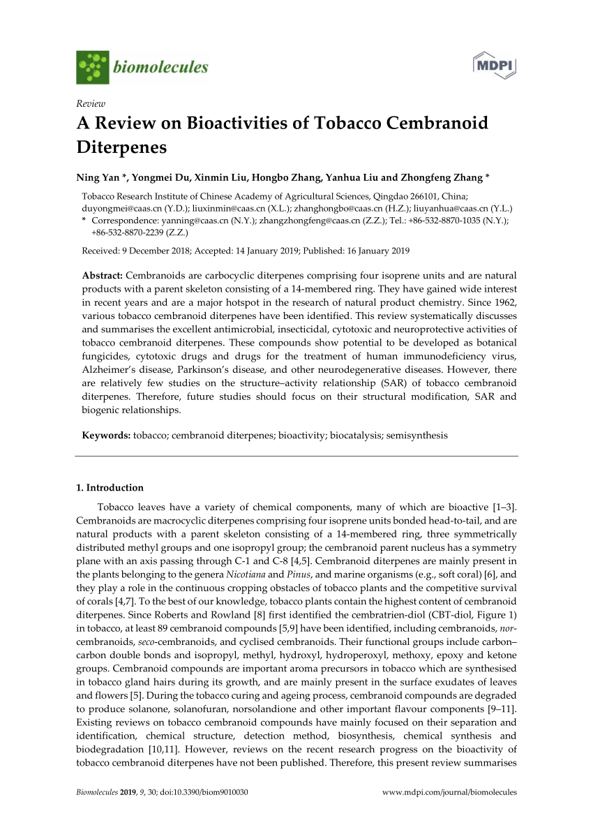 Pdf A Review On Bioactivities Of Tobacco Cembranoid Diterpenes