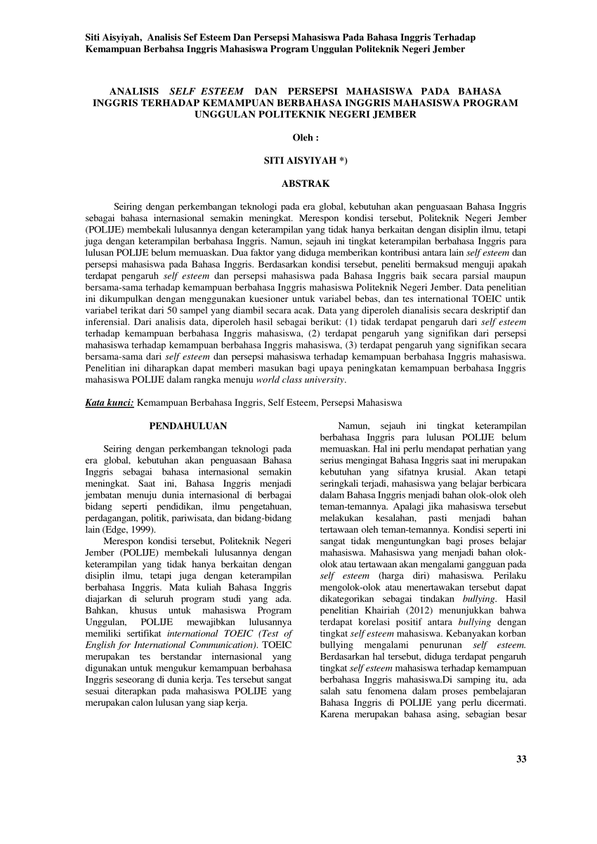 Pdf Analisis Self Esteem Dan Persepsi Mahasiswa Pada Bahasa Inggris Terhadap Kemampuan Berbahasa Inggris Mahasiswa Program Unggulan Politeknik Negeri Jember