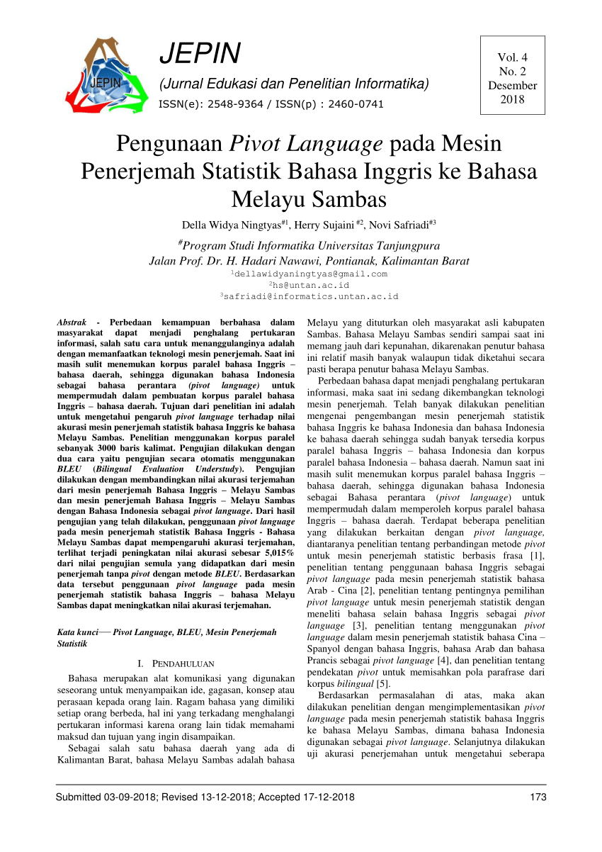 Pdf Penggunaan Pivot Language Pada Mesin Penerjemah Statistik Bahasa Inggris Ke Bahasa Melayu Sambas
